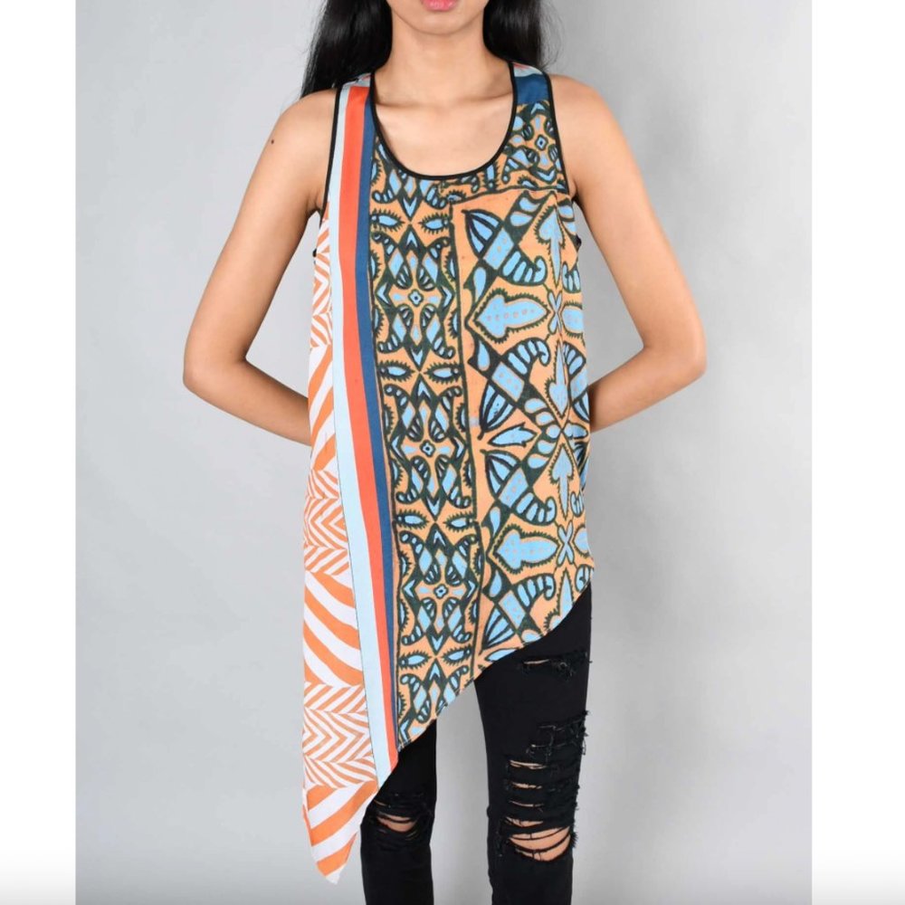 🌼 Clover Canyon Silk Batik Mixed Print Asymmetric Draped Split Side Tunic XS